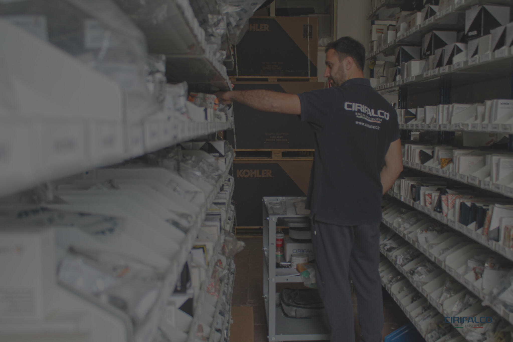Cirifalco Group spare parts warehouse Cirifalco Group technician managing diesel engine spare parts inside the company warehouse